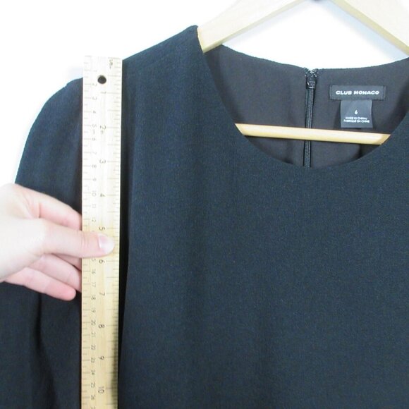Club Monaco Crepe Mini Dress 6 Black 3/4 Ruffle Sleeve Lined Shift Luxury 424 - Picture 6 of 10